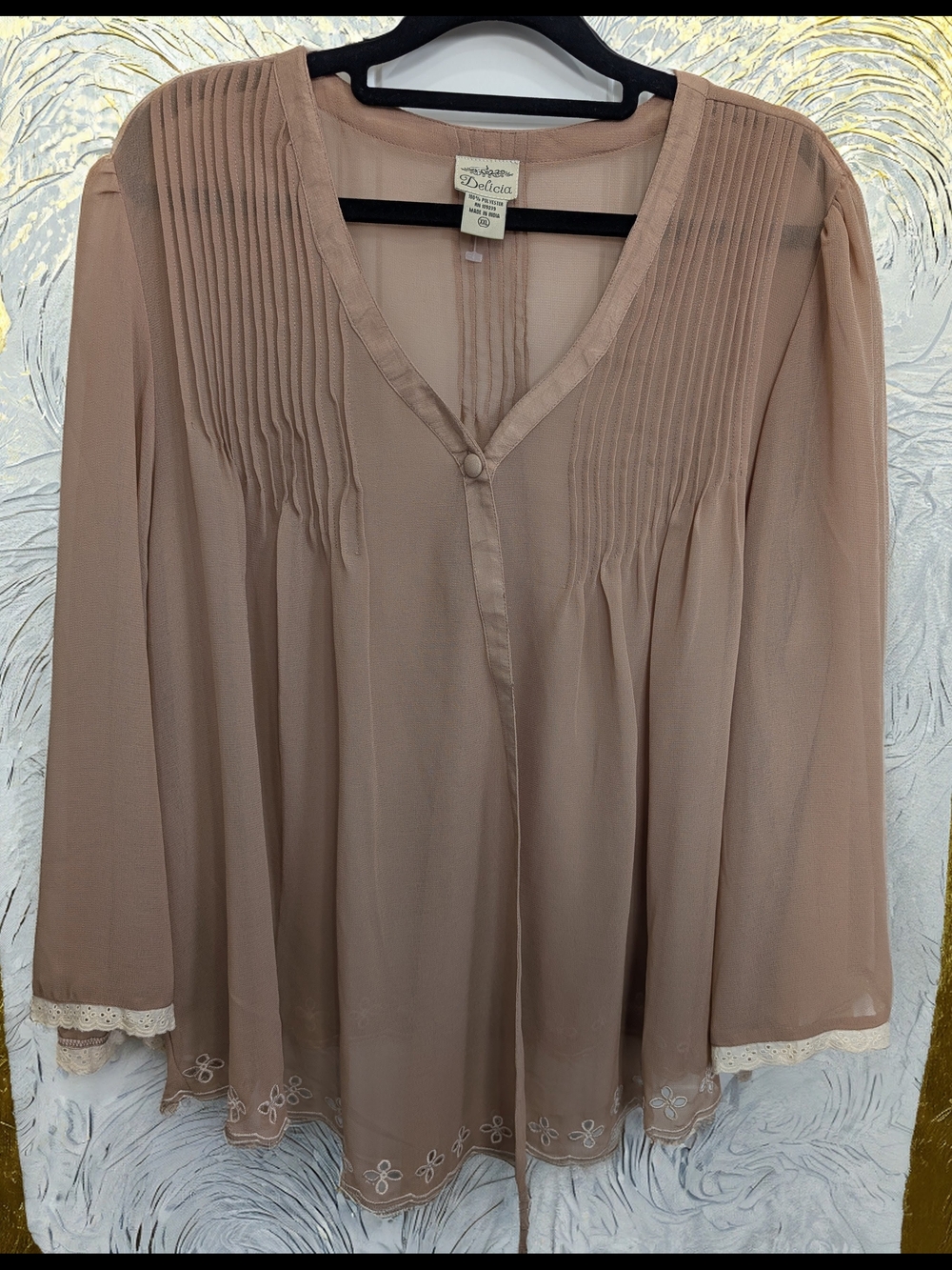 Boho Taupe Pintuck Long-Sleeve V-Neck Blouse